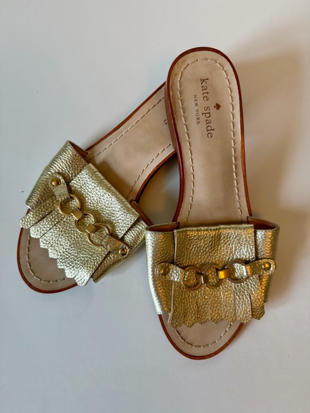kate spade Brie Gold Metallic Fringe Slide Mules